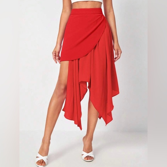 Red High Waist Asymmetrical Hem Skirt - Picture 2 of 5